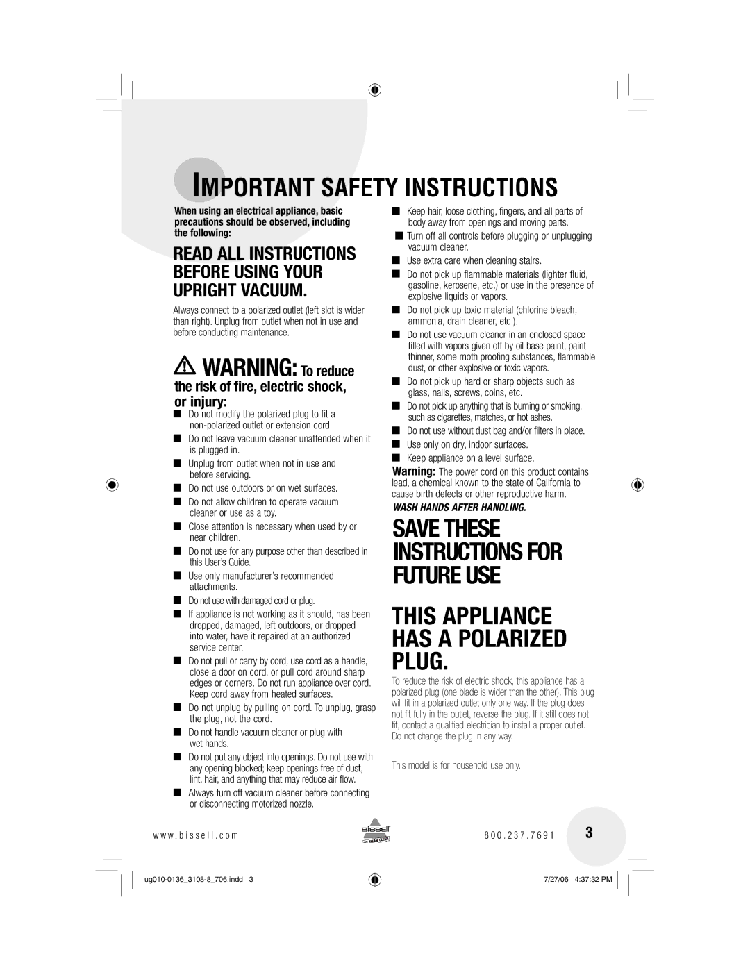 Bissell 3108 warranty Important Safety Instructions, Risk of fire, electric shock, or injury 