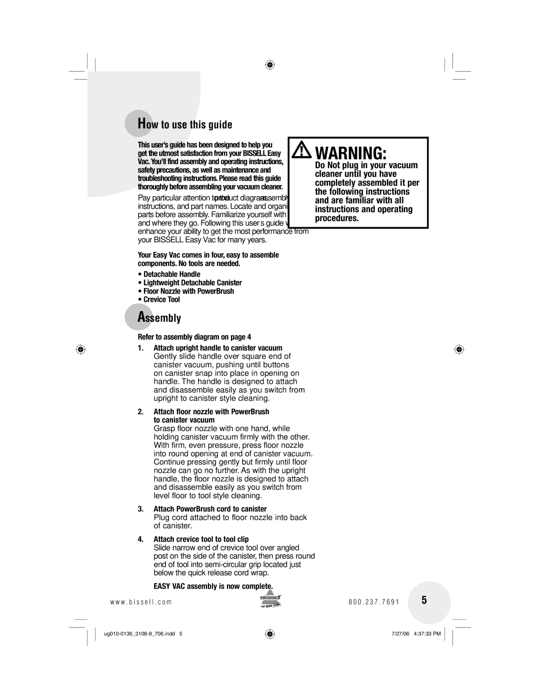 Bissell 3108 warranty How to use this guide, Assembly 