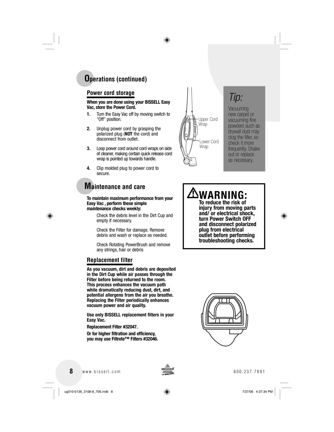 Bissell 3108 warranty Maintenance and care, Power cord storage, Replacement filter 