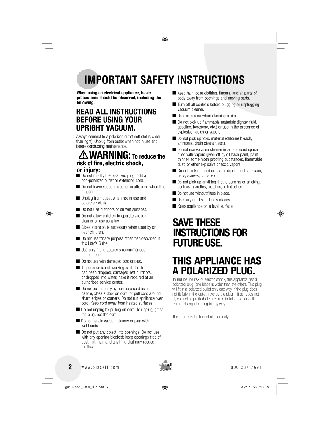 Bissell 3120 warranty Important Safety Instructions 