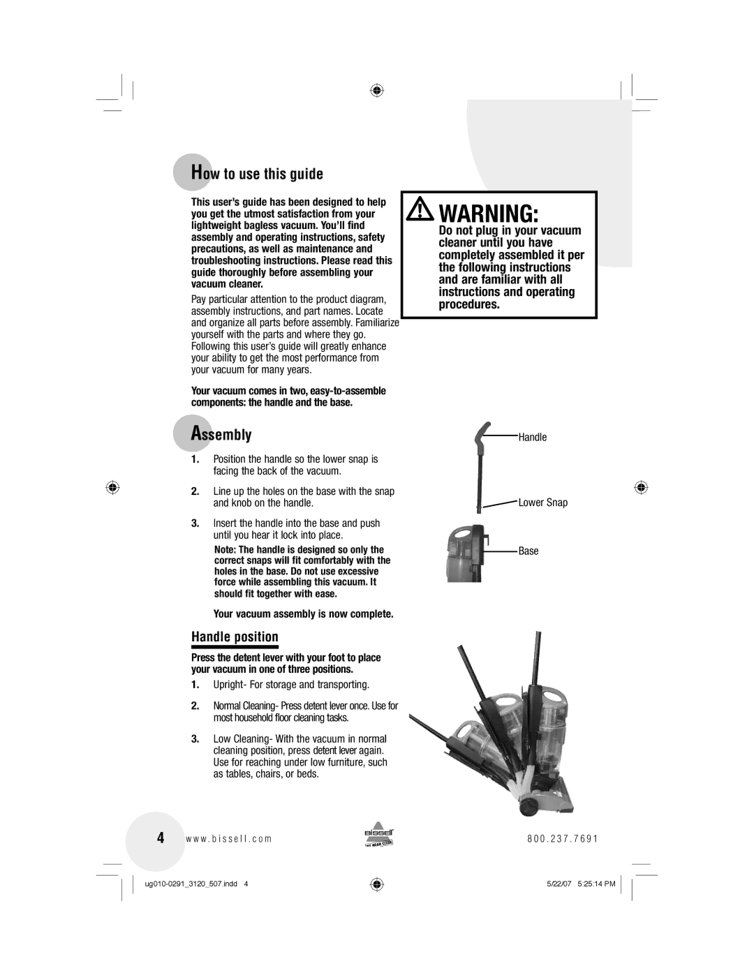 Bissell 3120 warranty How to use this guide, Assembly, Handle position, Your vacuum assembly is now complete 