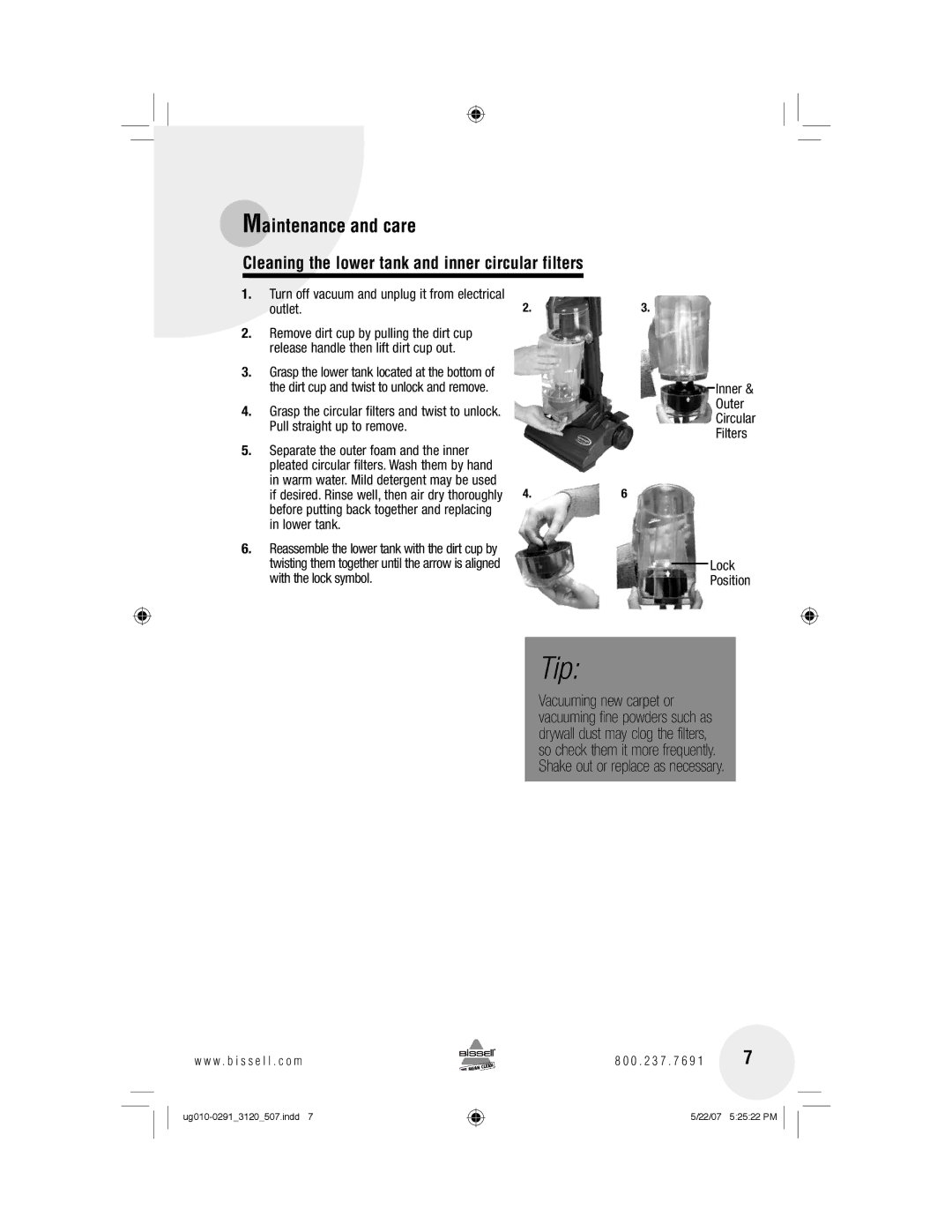 Bissell 3120 warranty Cleaning the lower tank and inner circular filters, Inner Outer Circular Filters Lock Position 