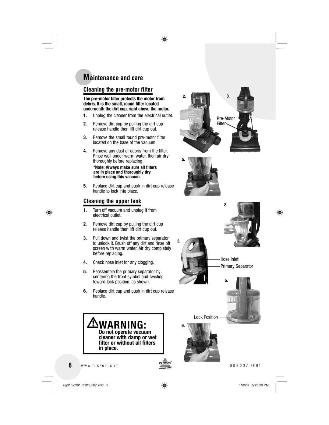 Bissell 3120 warranty Cleaning the pre-motor filter, Cleaning the upper tank, Check hose inlet for any clogging 