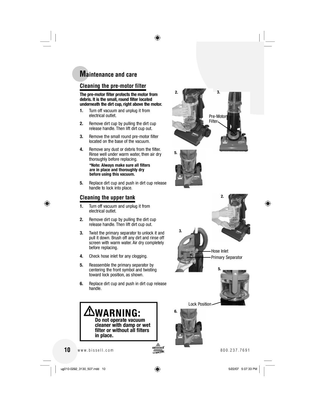 Bissell 3130 warranty Cleaning the pre-motor filter, Cleaning the upper tank, Check hose inlet for any clogging 