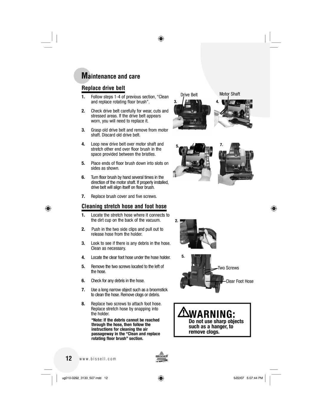 Bissell 3130 Replace drive belt, Cleaning stretch hose and foot hose, Replace brush cover and five screws Drive Belt 