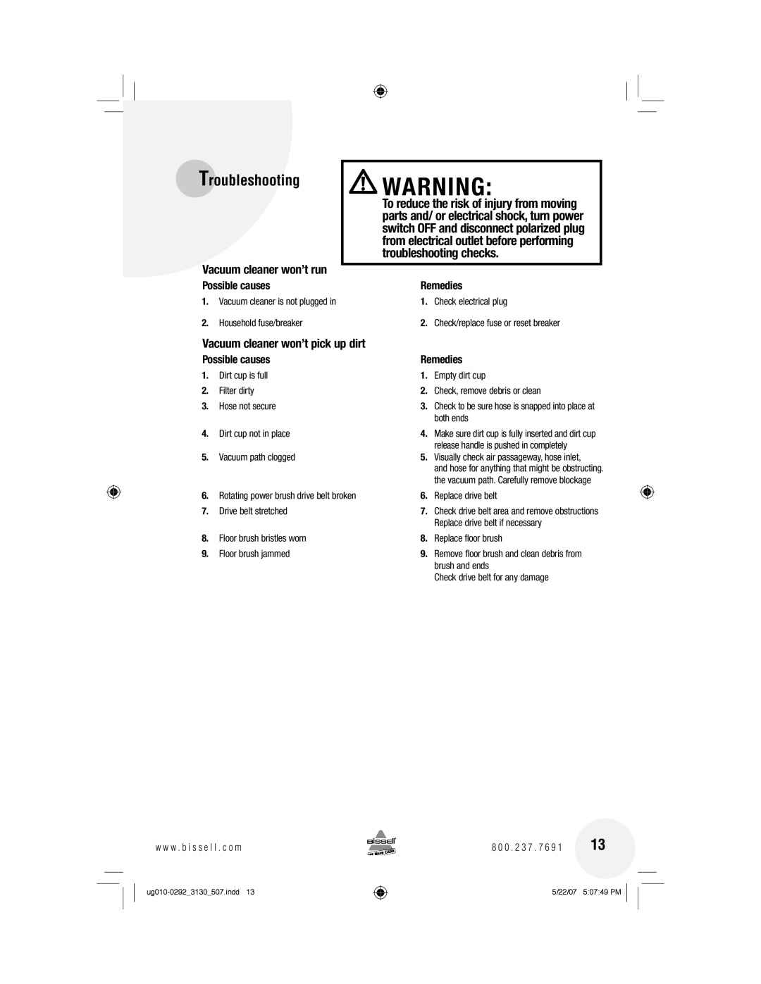 Bissell 3130 warranty Troubleshooting, Vacuum cleaner won’t pick up dirt 