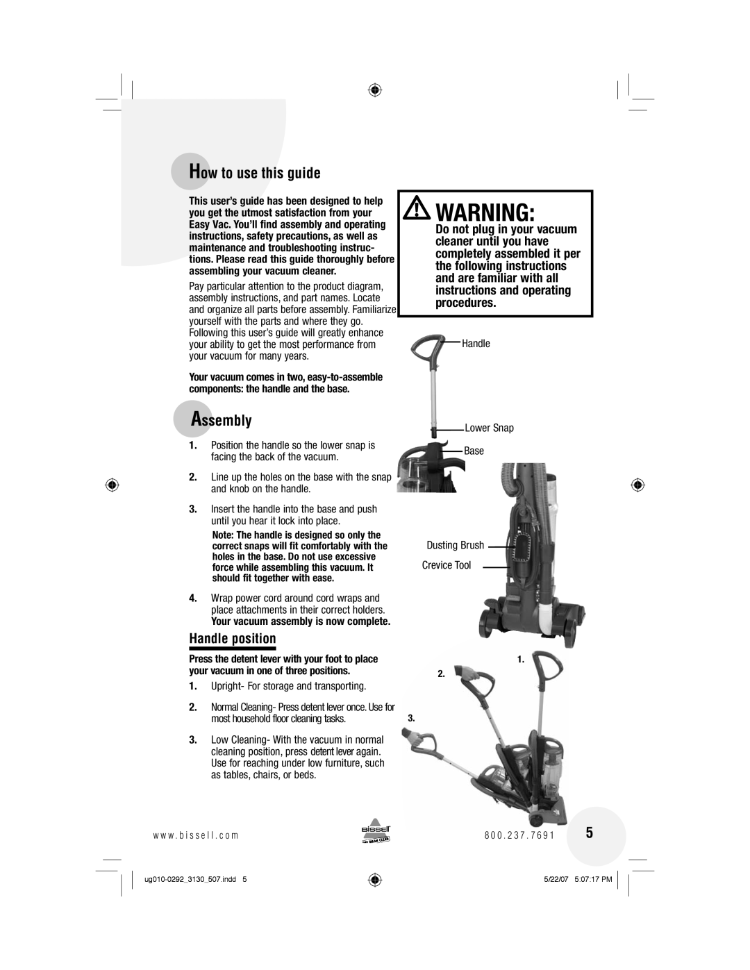 Bissell 3130 warranty How to use this guide, Assembly, Handle position, Handle Lower Snap Base Dusting Brush Crevice Tool 