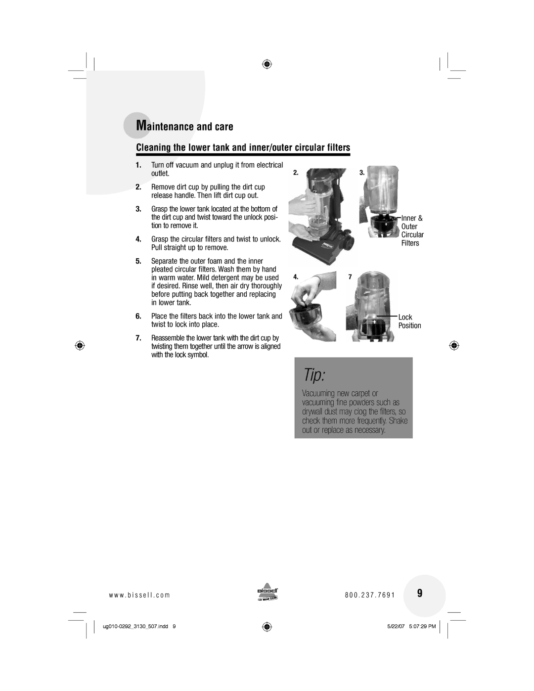 Bissell 3130 169, Cleaning the lower tank and inner/outer circular filters, Inner Outer Circular Filters Lock Position 