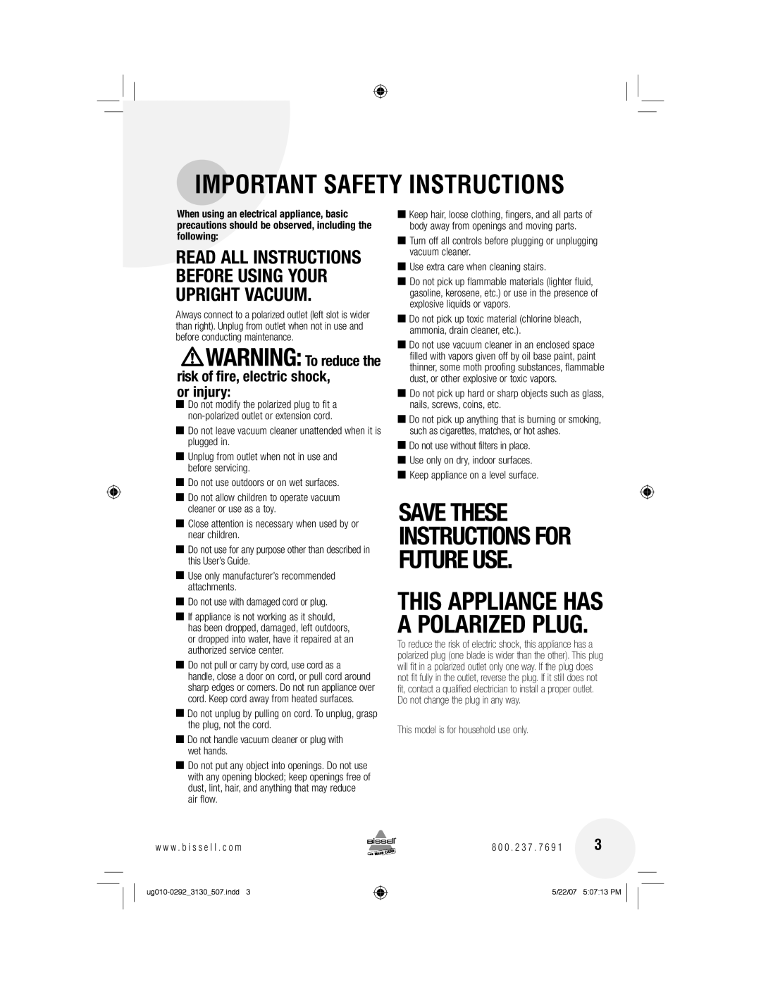 Bissell 3130 warranty or injury, Important Safety Instructions, Save These Instructions For Future Use 
