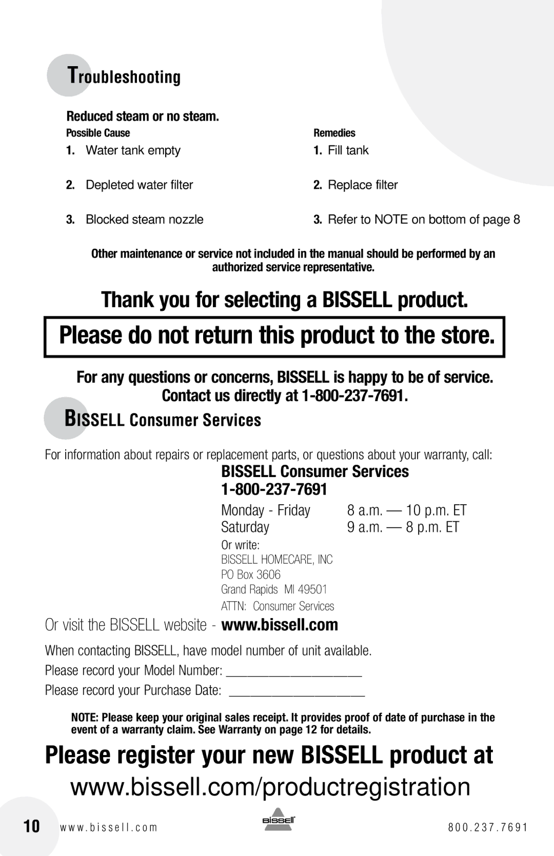 Bissell 31N1 warranty Troubleshooting, Reduced steam or no steam 