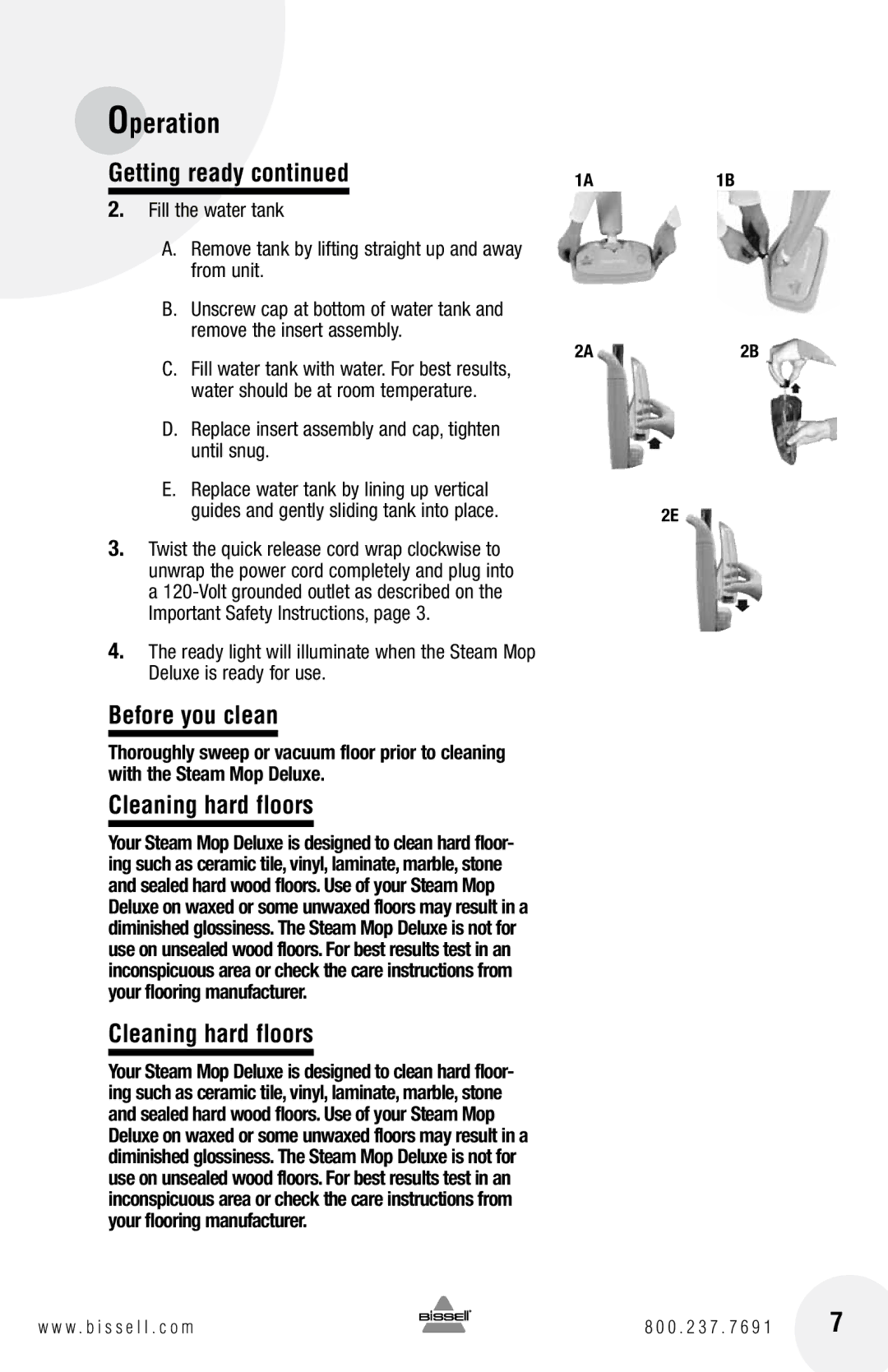 Bissell 31N1 warranty Before you clean, Cleaning hard floors, Replace insert assembly and cap, tighten until snug 