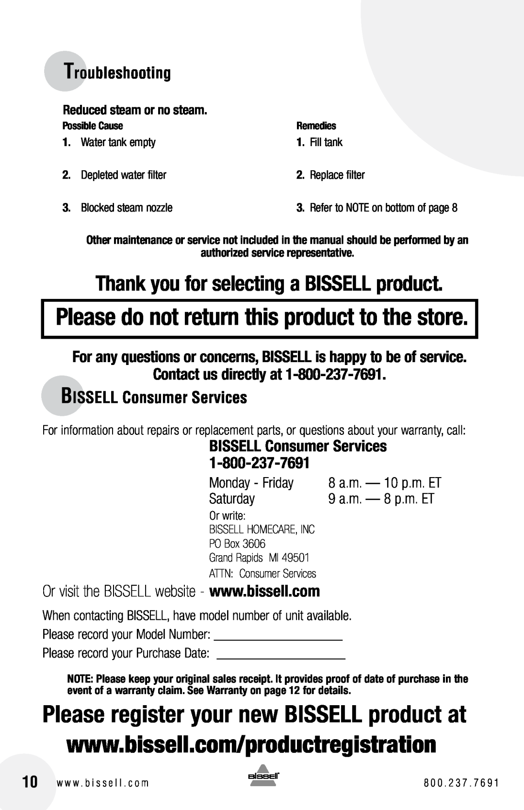 Bissell 31N1 Troubleshooting, Contact us directly at, BISSELL Consumer Services, Thank you for selecting a BISSELL product 