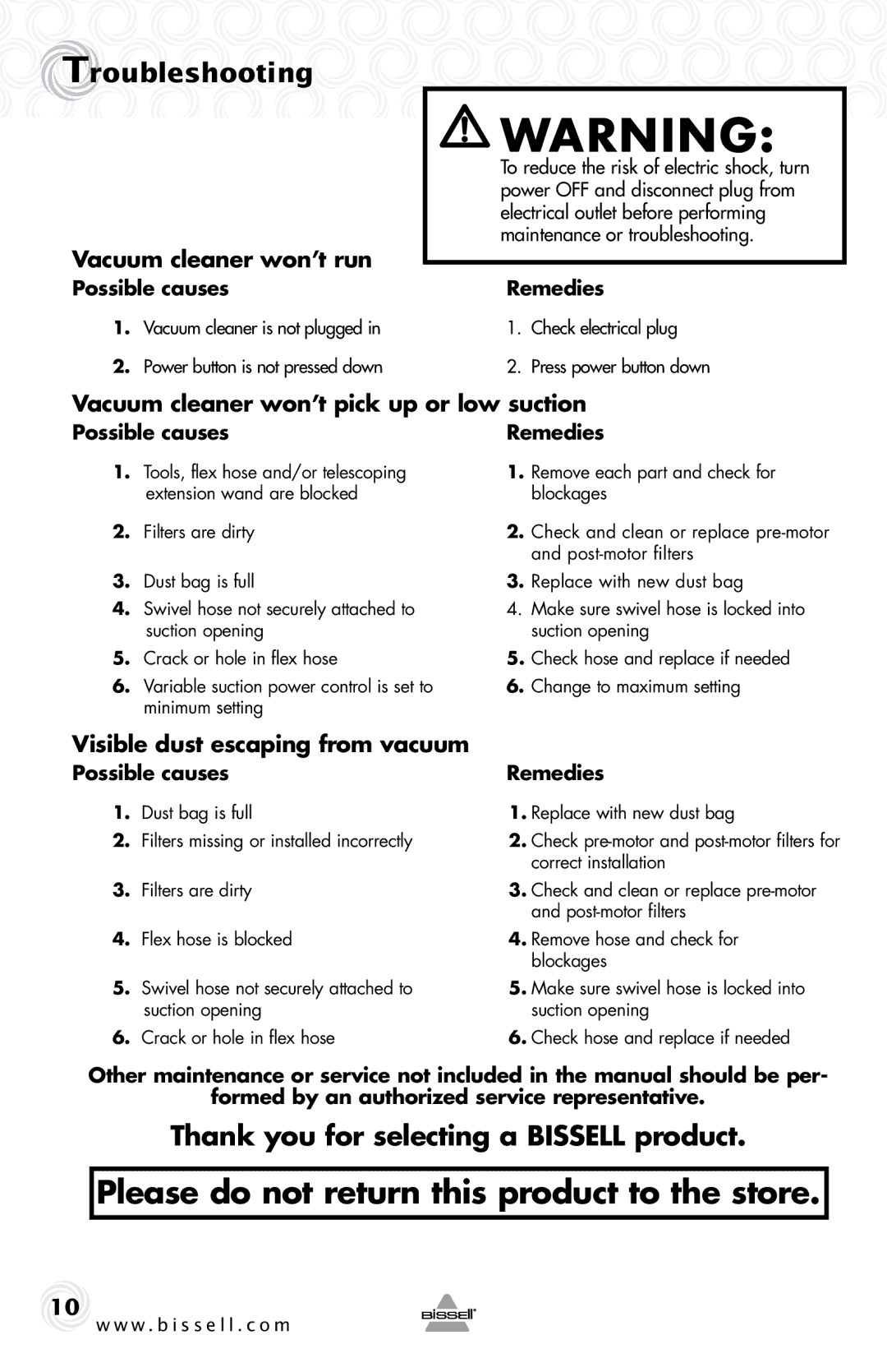 Bissell 32N3 warranty Troubleshooting, Thank you for selecting a Bissell product, Vacuum cleaner won’t run 