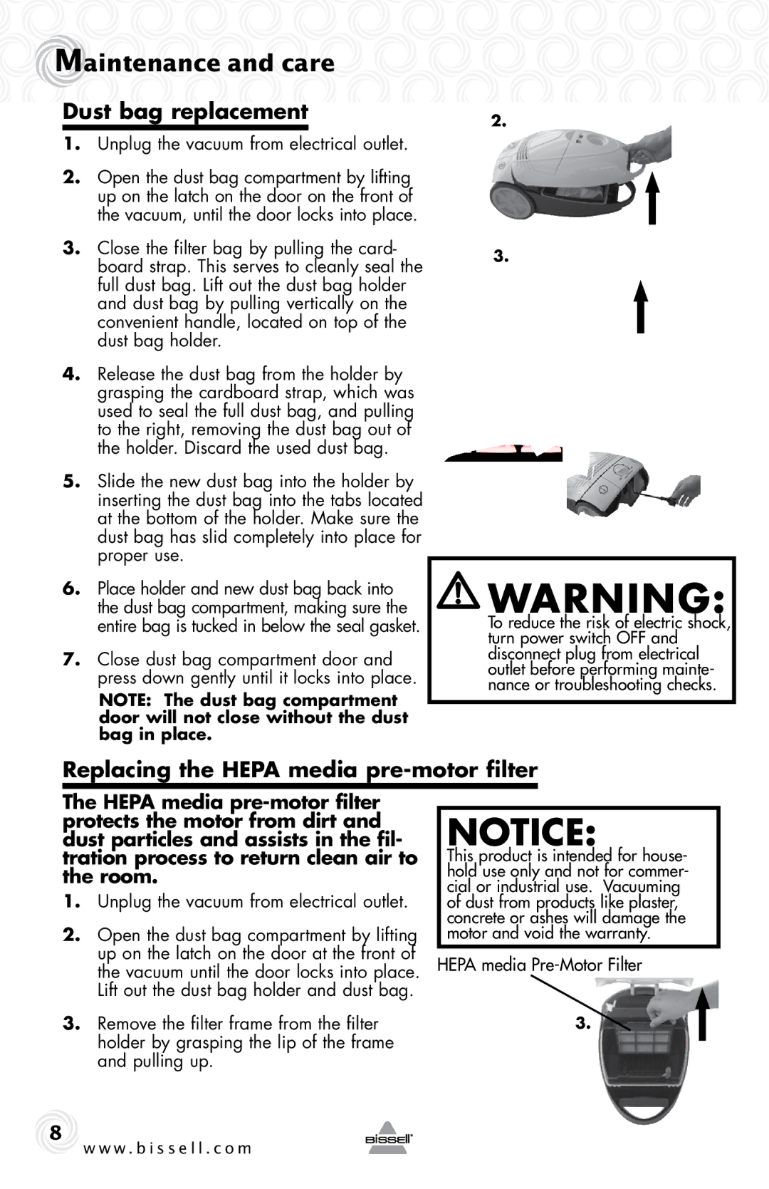 Bissell 32N3 warranty Maintenance and care, Dust bag replacement, Replacing the Hepa media pre-motor filter 