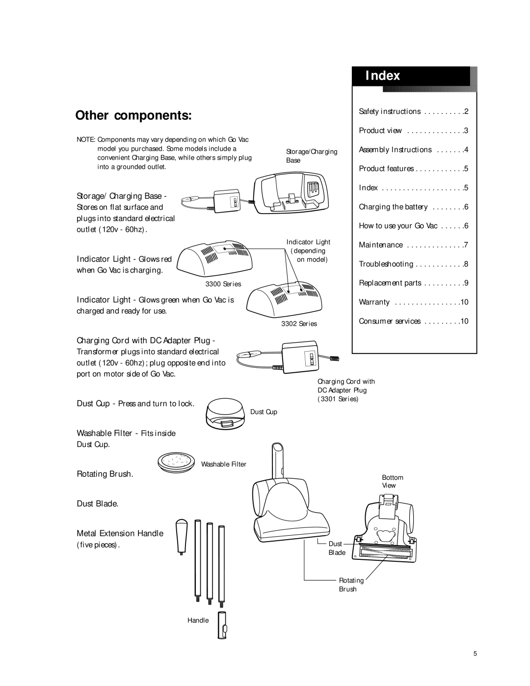 Bissell 3300, 3301, 3302 warranty Index, Other components 