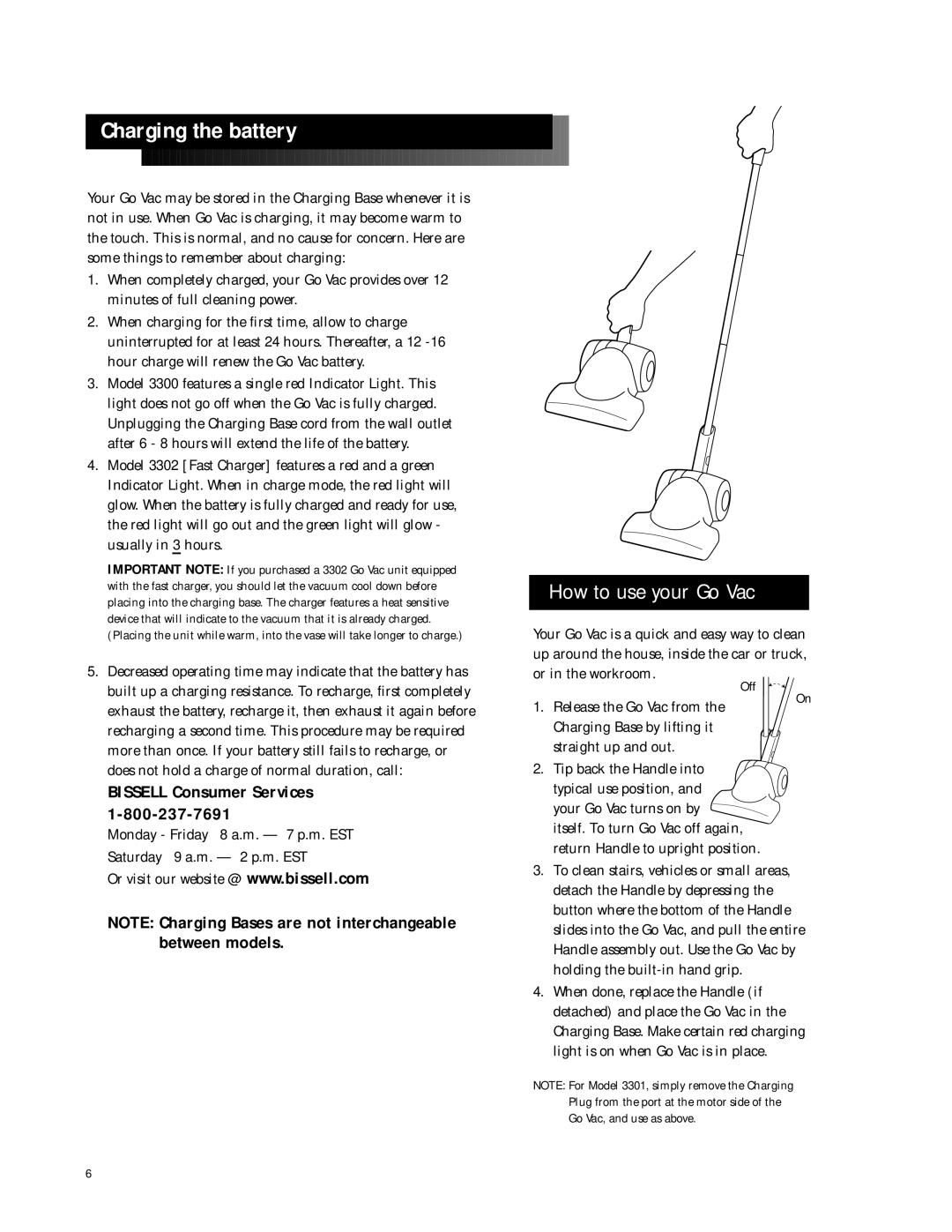 Bissell 3301, 3302, 3300 warranty Charging the battery 