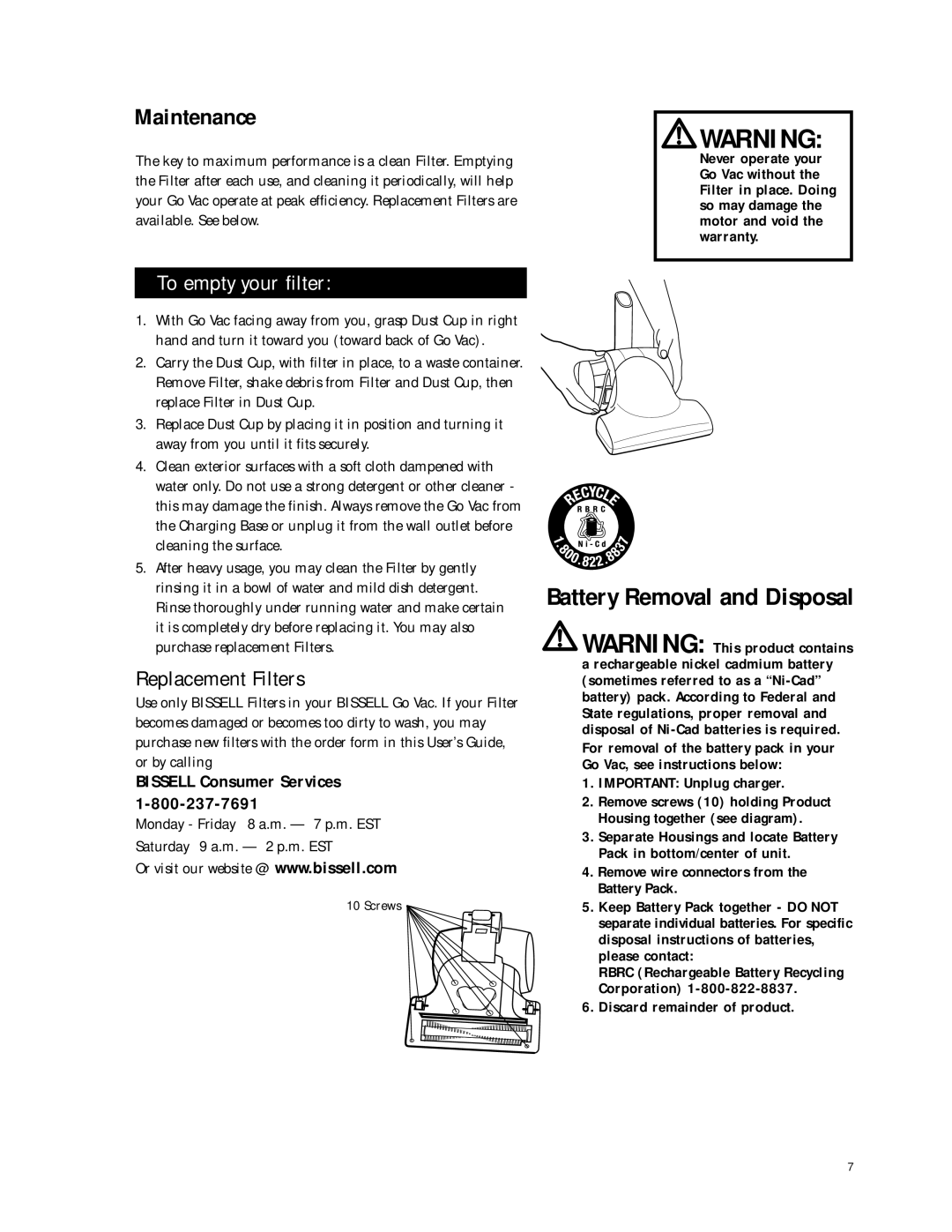 Bissell 3302, 3301, 3300 warranty Battery Removal and Disposal, Maintenance 