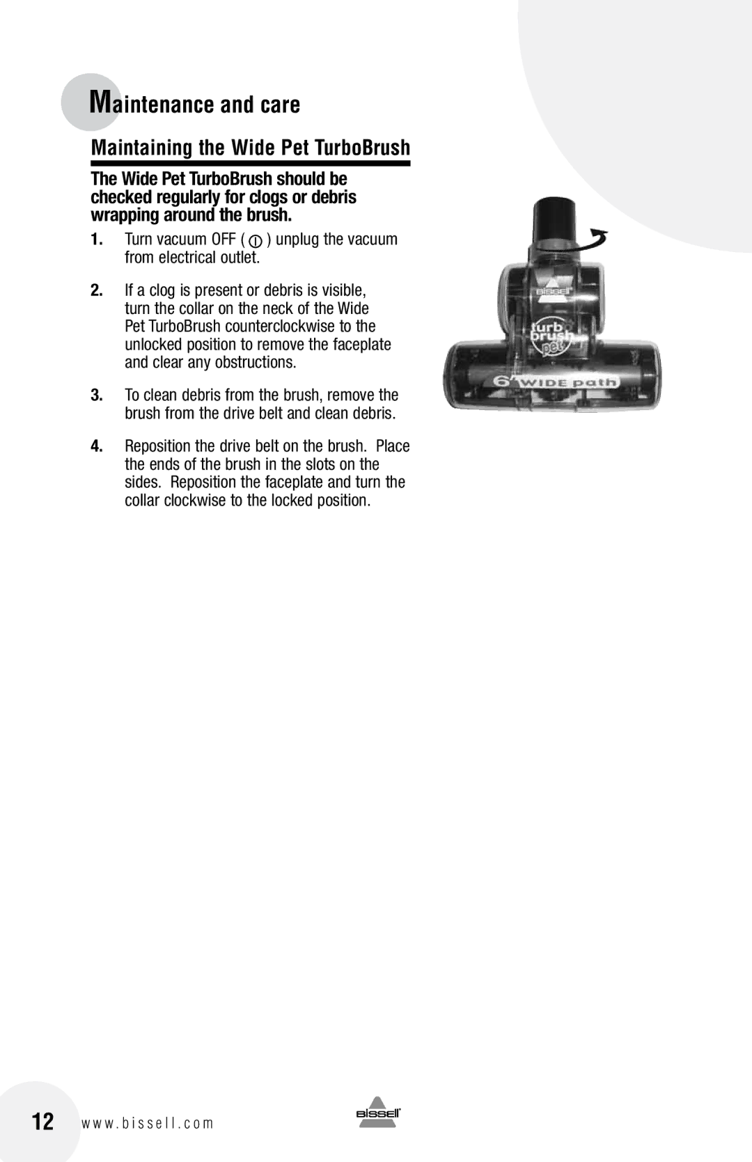 Bissell 33N7 warranty Maintaining the Wide Pet TurboBrush 