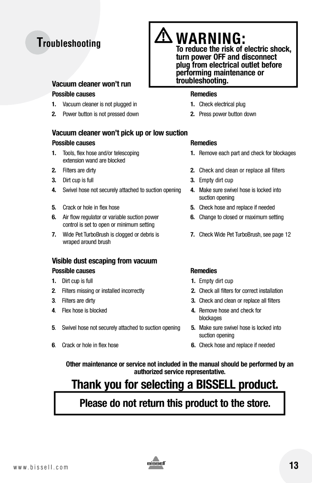 Bissell 33N7 Check electrical plug Press power button down, Filters are dirty Dirt cup is full, Crack or hole in flex hose 