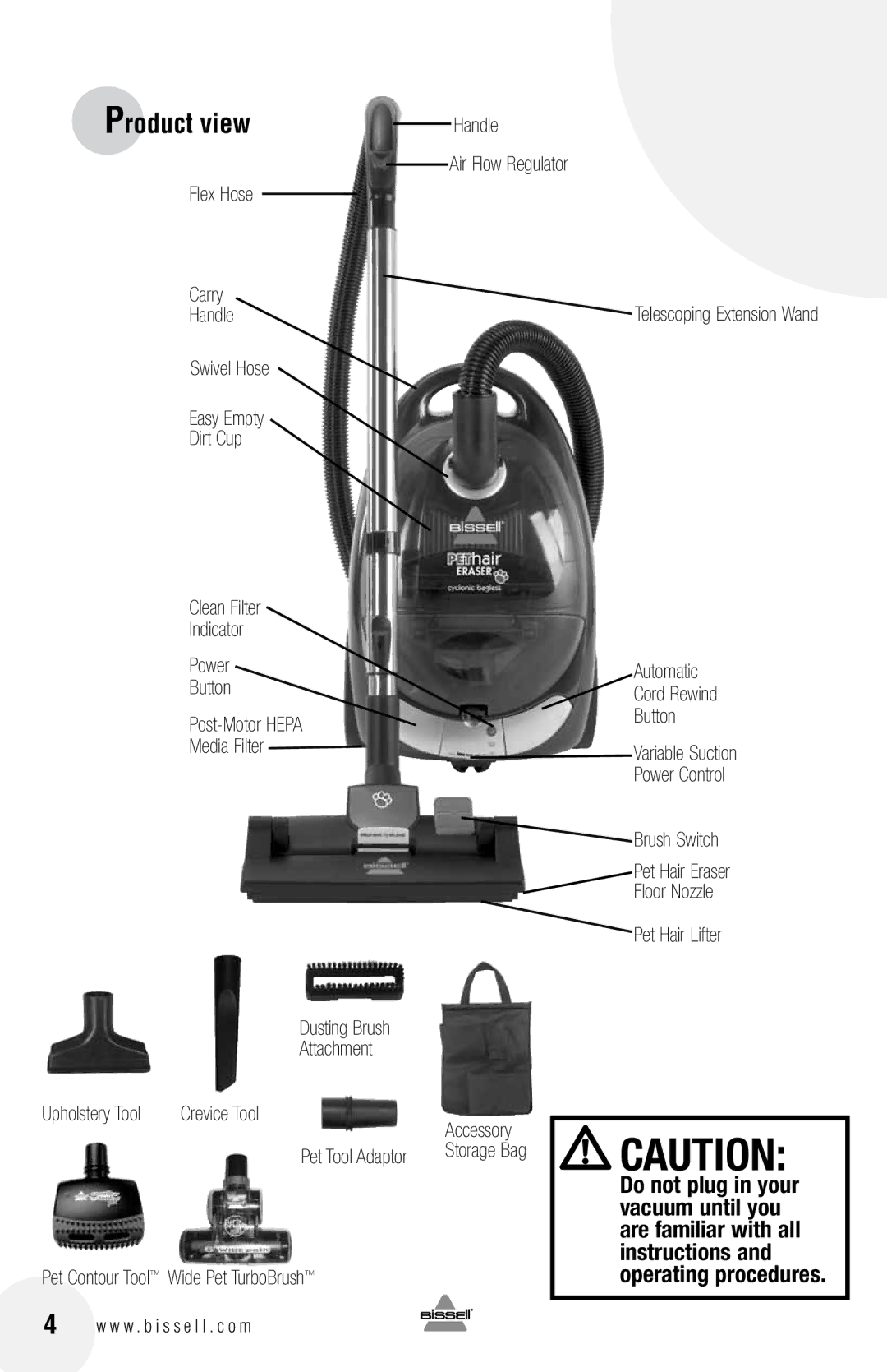 Bissell 33N7 Air Flow Regulator Flex Hose Carry, Handle, Post-Motor Hepa Button Media Filter, Dusting Brush Attachment 