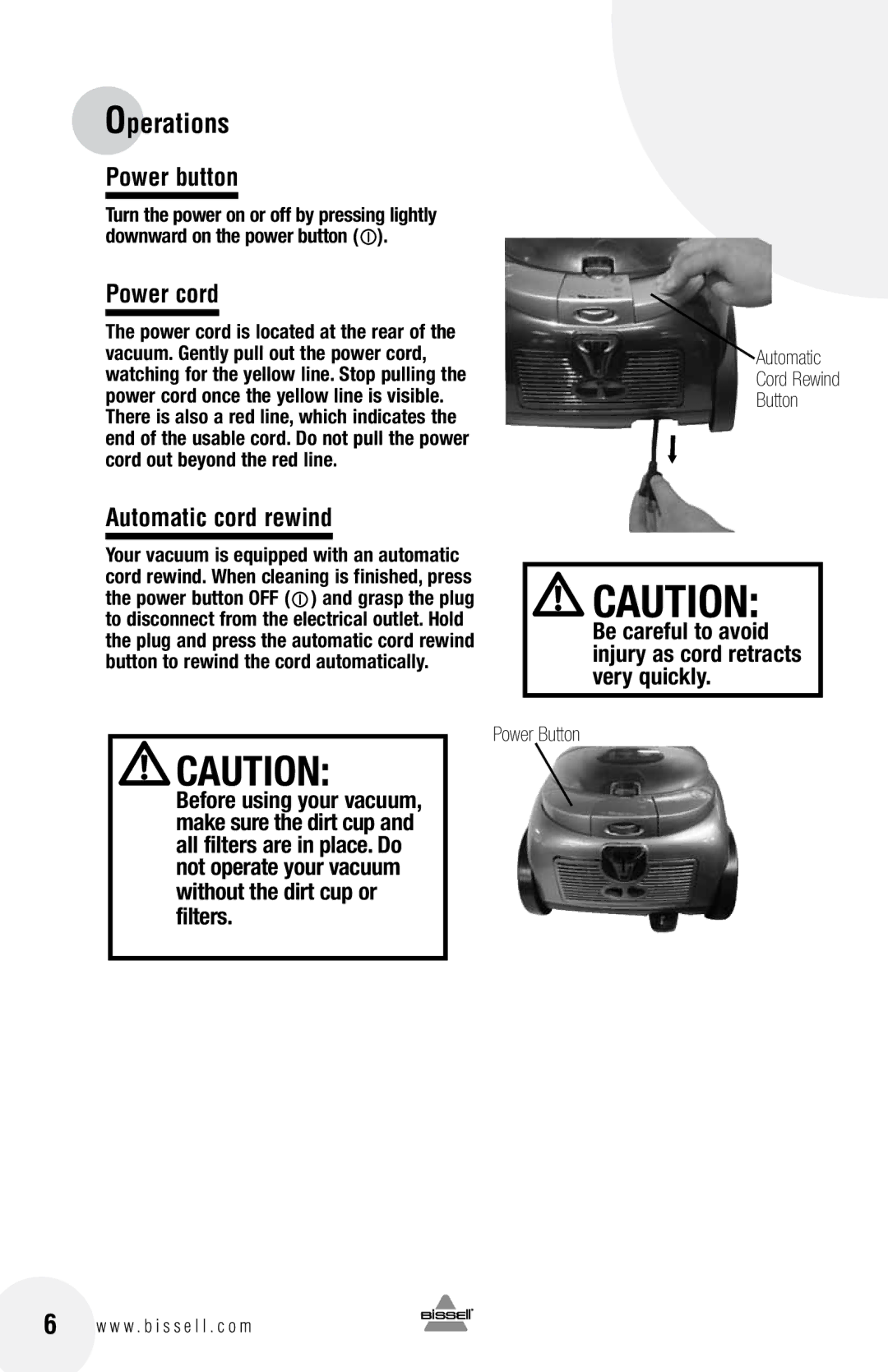 Bissell 33N7 warranty Power button, Power cord, Automatic cord rewind, Automatic Cord Rewind Button, Power Button 