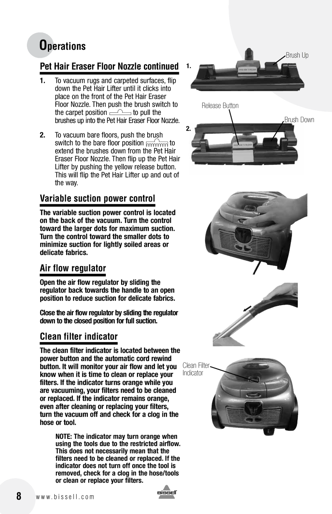 Bissell 33N7 warranty Variable suction power control, Air flow regulator, Clean filter indicator 