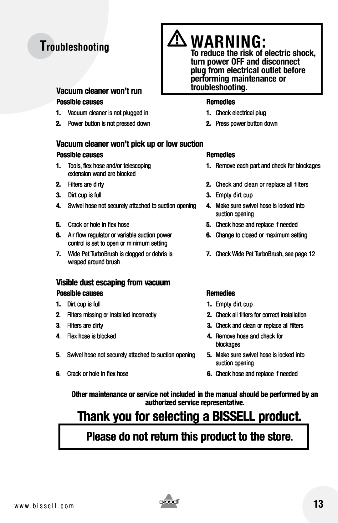 Bissell 33N7 Thank you for selecting a BISSELL product, Troubleshooting, Please do not return this product to the store 