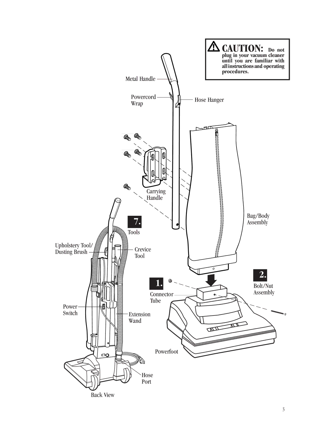 Bissell 3512-5 Metal Handle Powercord Wrap Carrying Tools Crevice, Hose Hanger Bag /Body Assembly Power Switch, Connector 