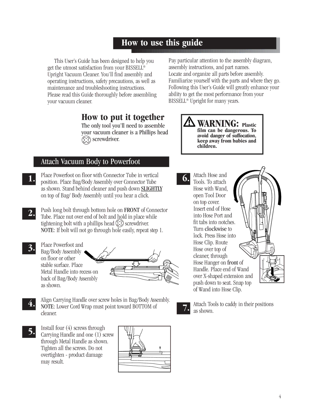 Bissell 3512-5 warranty How to use this guide, How to put it together, Attach Vacuum Body to Powerfoot 