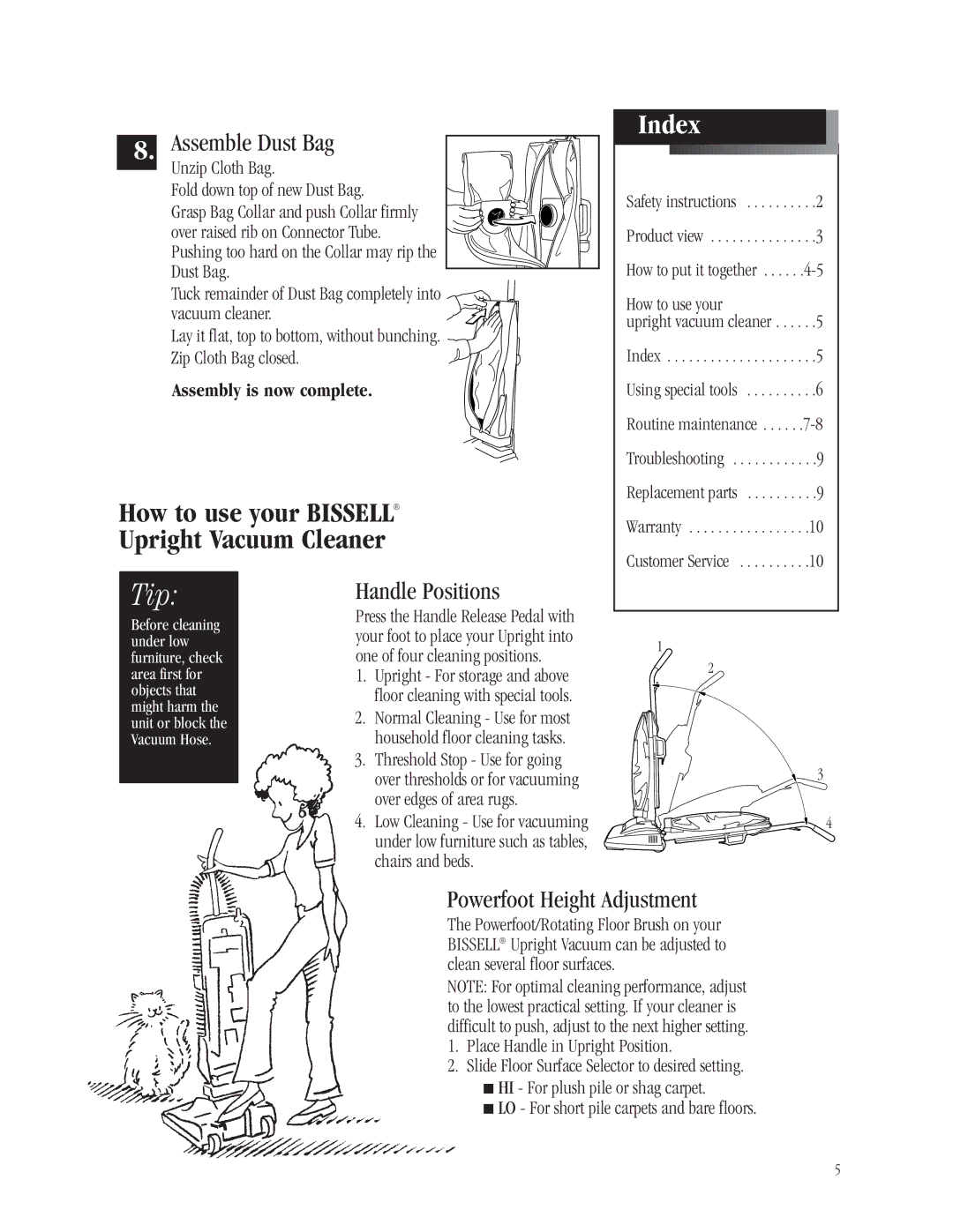 Bissell 3512-5 warranty How to use your Bissell Upright Vacuum Cleaner, Index, Assemble Dust Bag, Handle Positions 