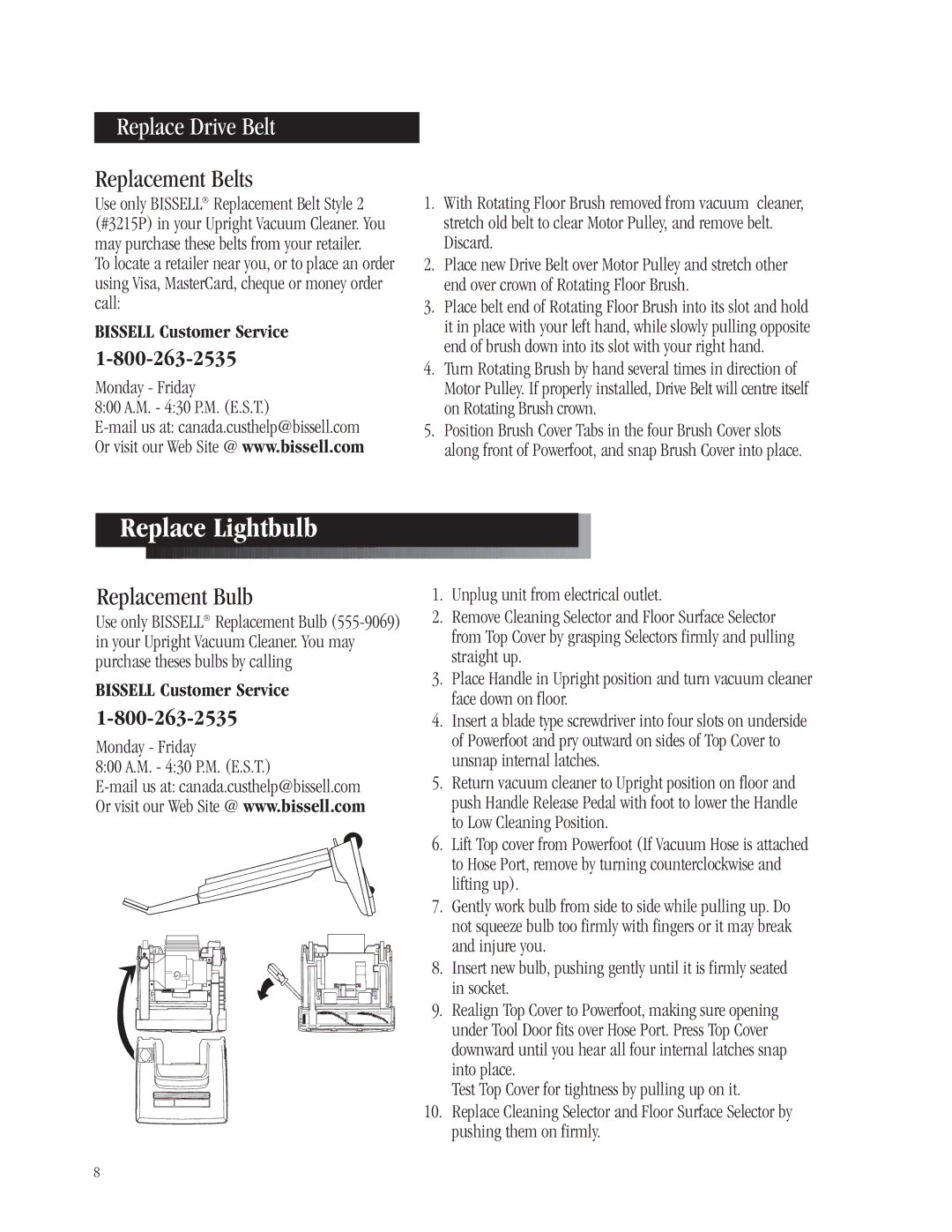 Bissell 3512-5 warranty Replace Lightbulb, Replace Drive Belt, Replacement Belts, Replacement Bulb 