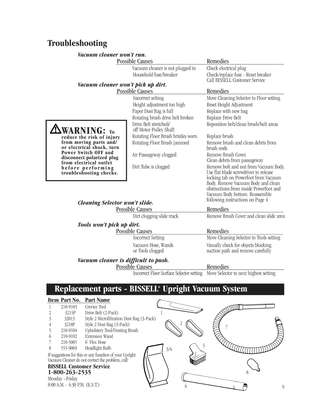 Bissell 3512-5 warranty Troubleshooting, Replacement parts Bissell Upright Vacuum System 