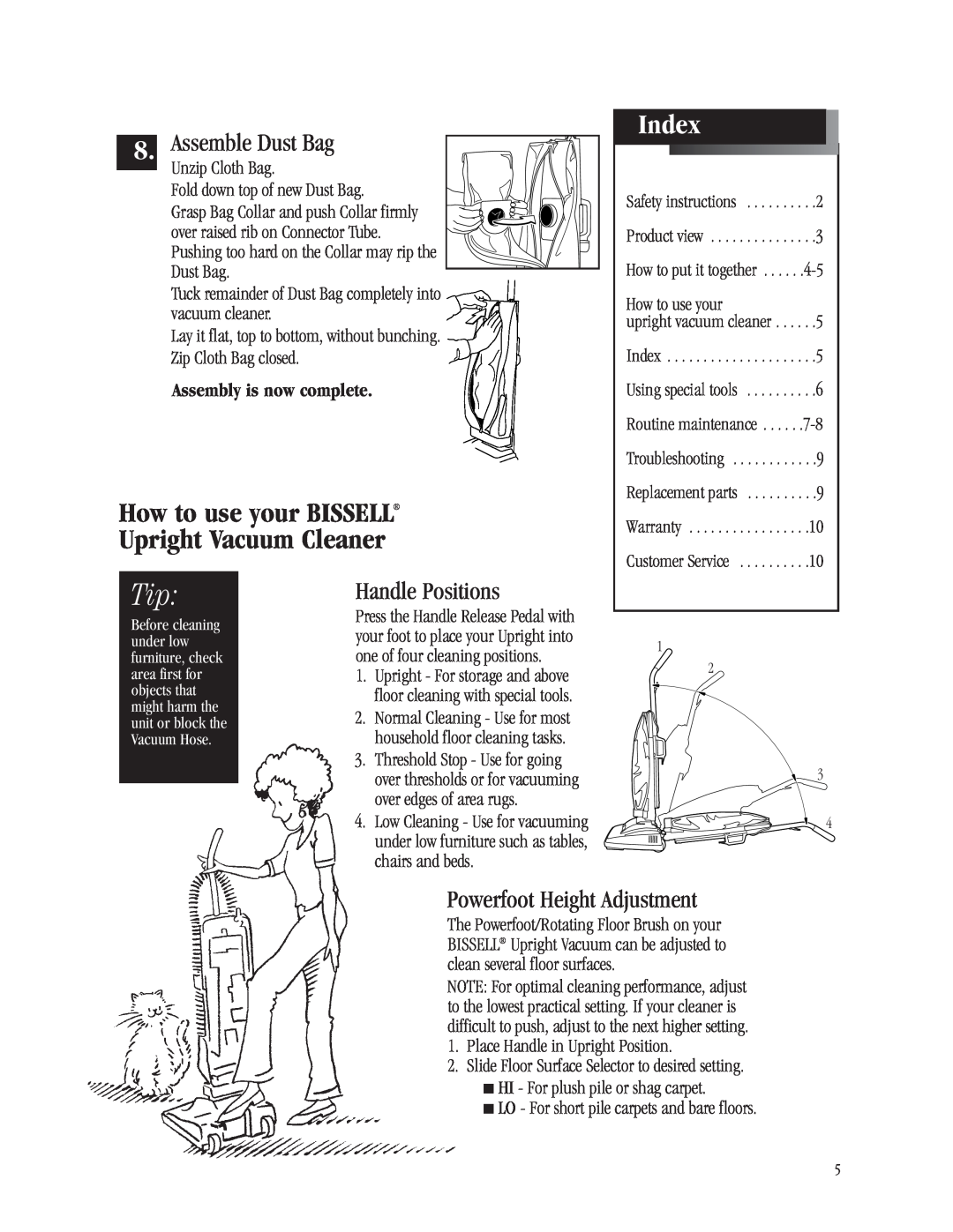 Bissell 3512-5 warranty How to use your BISSELL Upright Vacuum Cleaner, Index, Assemble Dust Bag, Handle Positions 