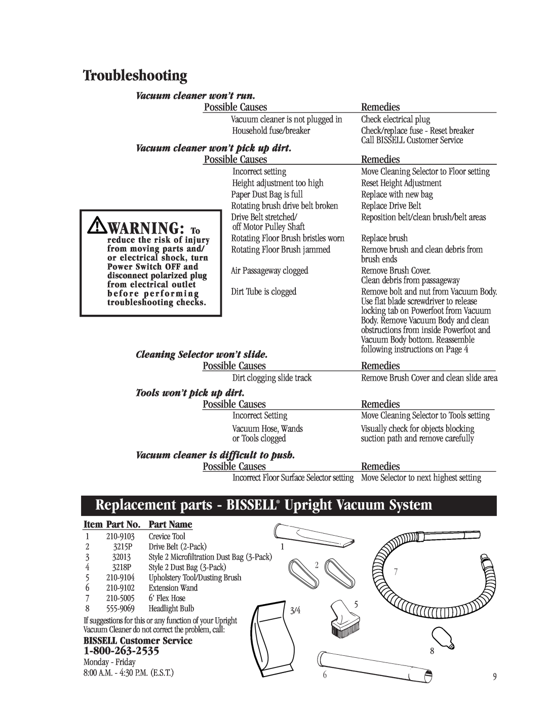 Bissell 3512-5 Troubleshooting, Replacement parts - BISSELL Upright Vacuum System, Possible Causes, Remedies, Item Part No 