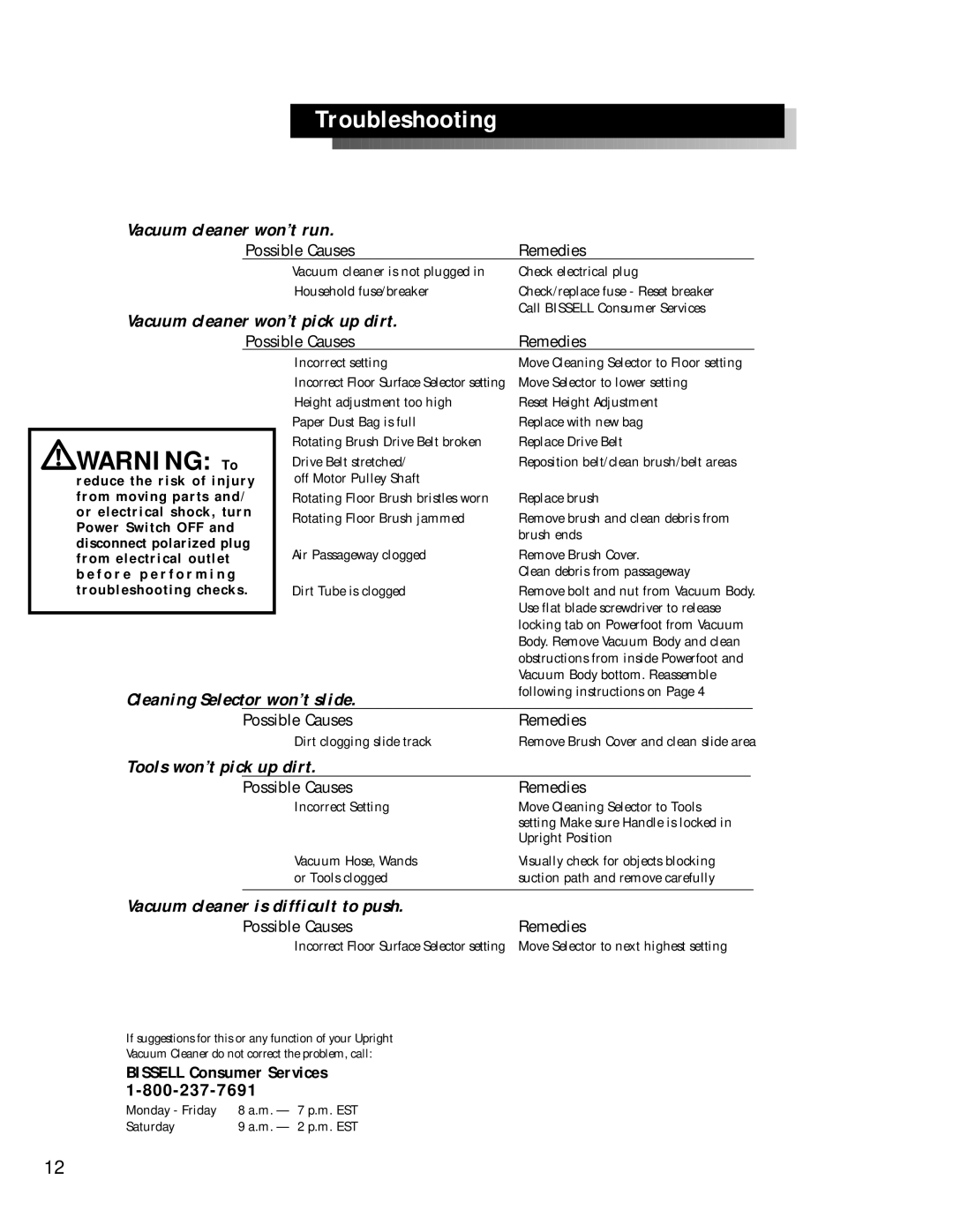 Bissell 3512 warranty Troubleshooting, Possible Causes Remedies 