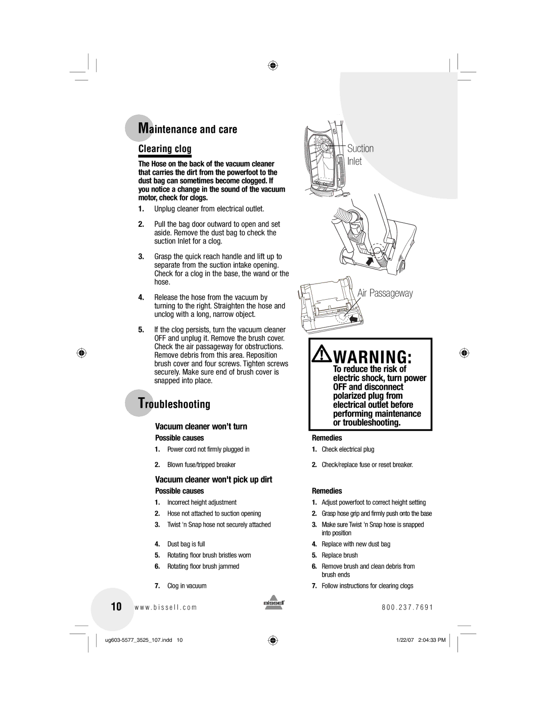 Bissell 3535 warranty Troubleshooting, Clearing clog, Possible causes, Remedies 