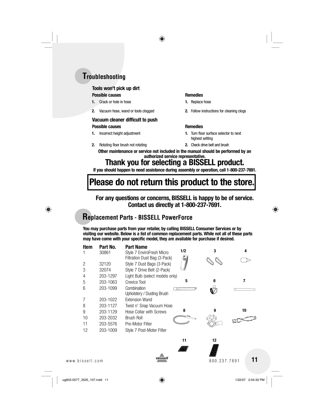 Bissell 3535 warranty Vacuum cleaner difficult to push Possible causes Remedies 