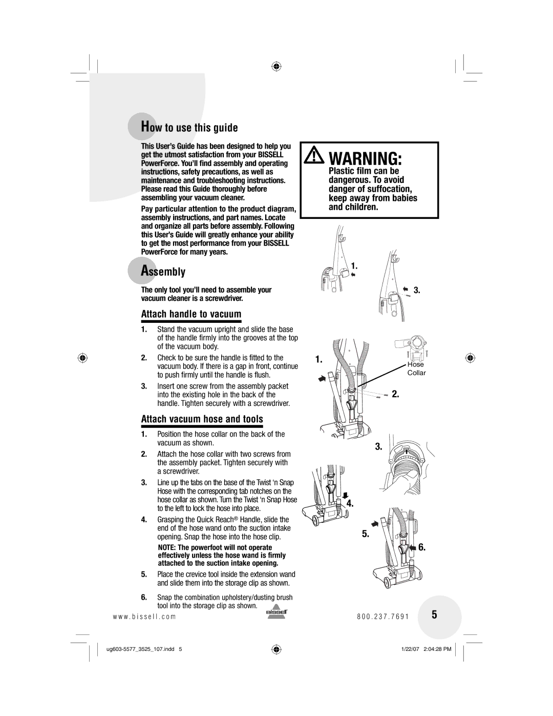 Bissell 3535 warranty How to use this guide, Assembly, Attach handle to vacuum, Attach vacuum hose and tools 