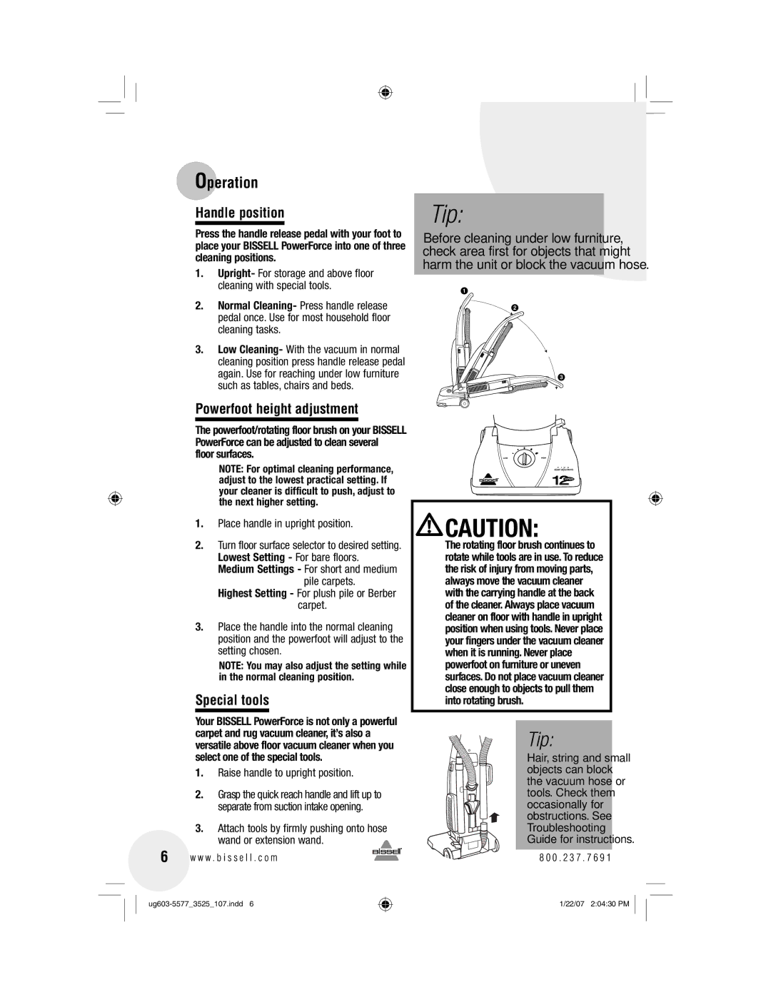 Bissell 3535 warranty Operation, Handle position, Powerfoot height adjustment, Special tools 