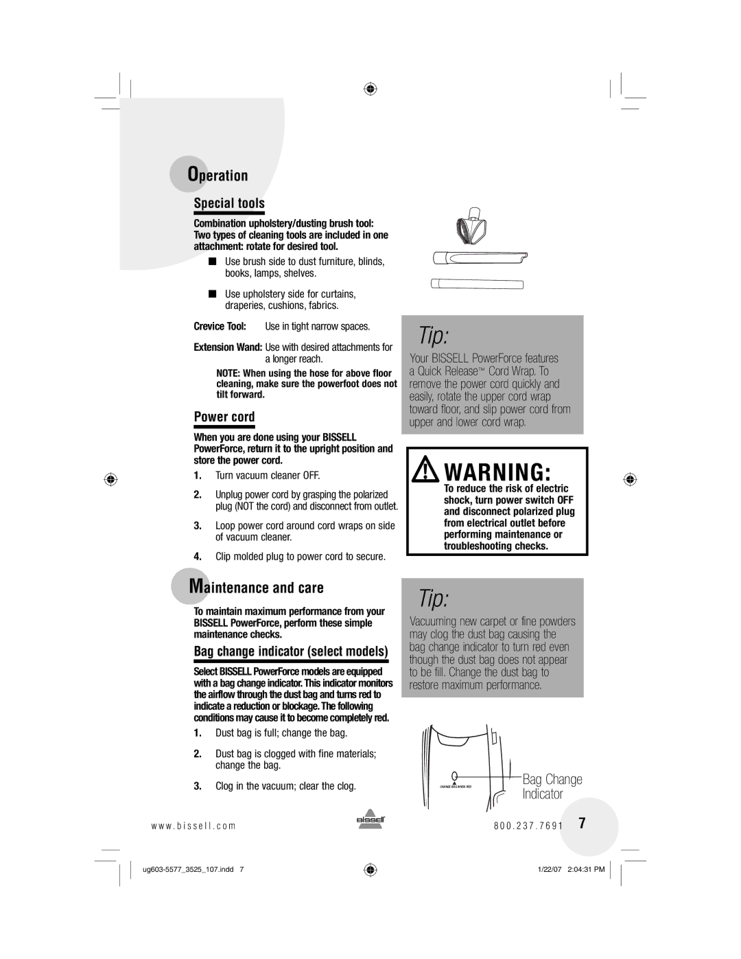 Bissell 3535 warranty Maintenance and care, Power cord, Bag change indicator select models 