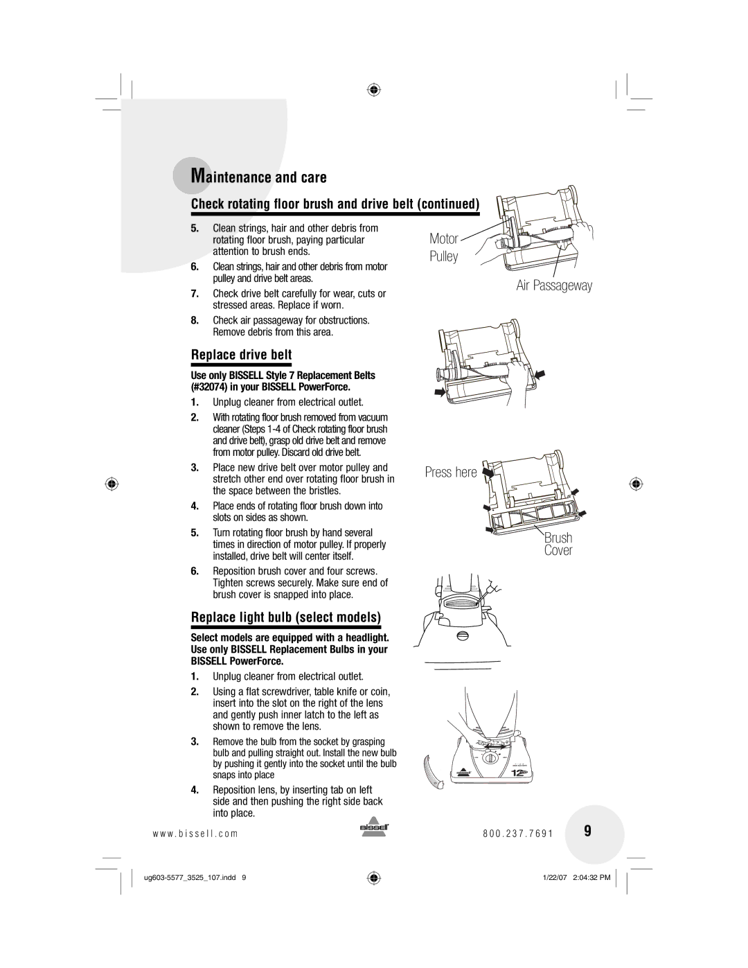 Bissell 3535 warranty 169, Replace drive belt, Replace light bulb select models 