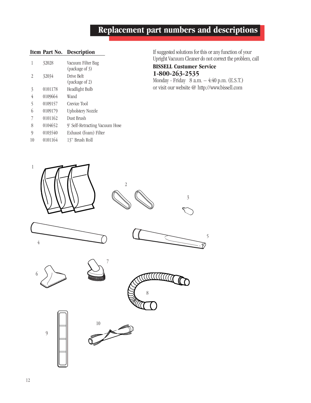 Bissell 3540B warranty Replacement part numbers and descriptions, Item Part No Description 