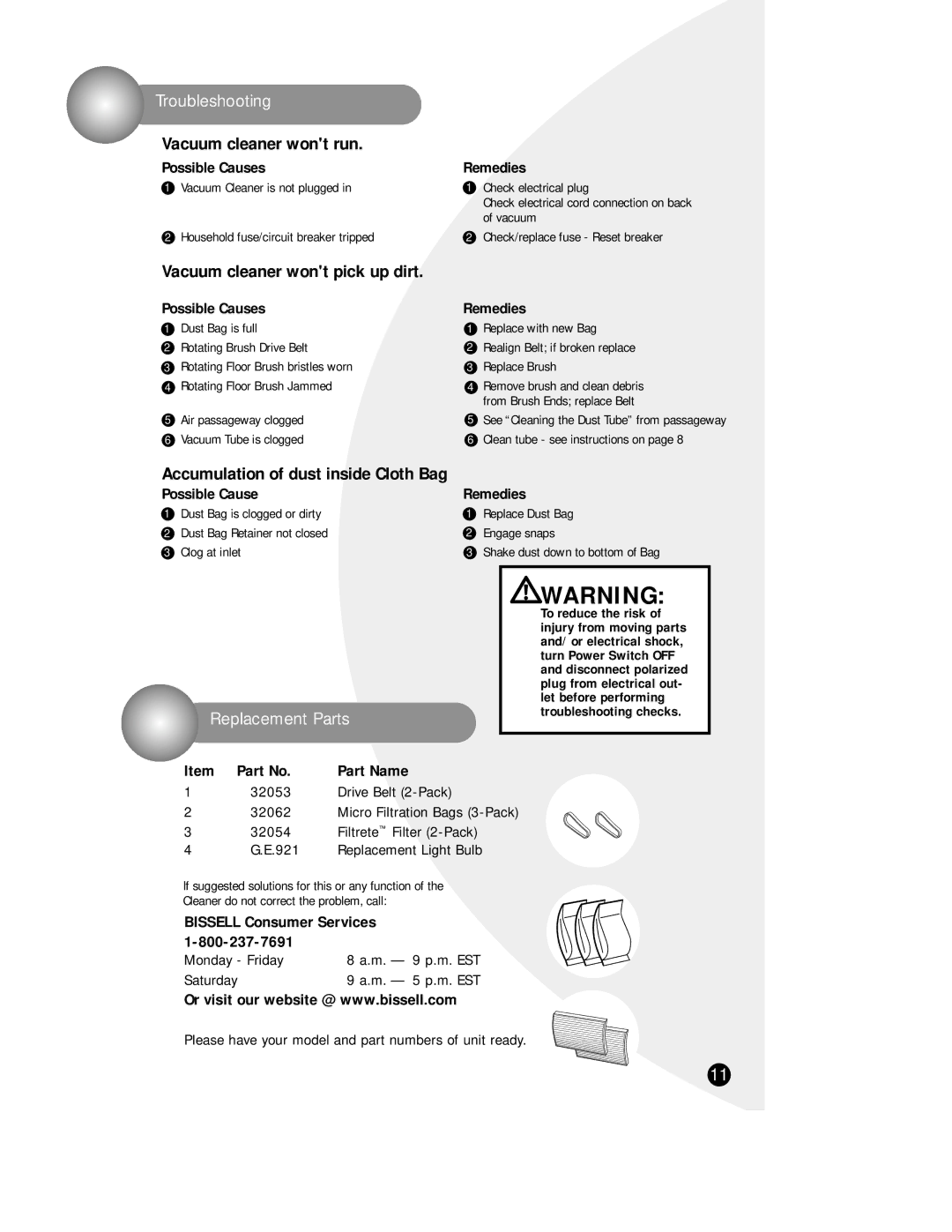 Bissell 3560 warranty Troubleshooting, Replacement Parts 