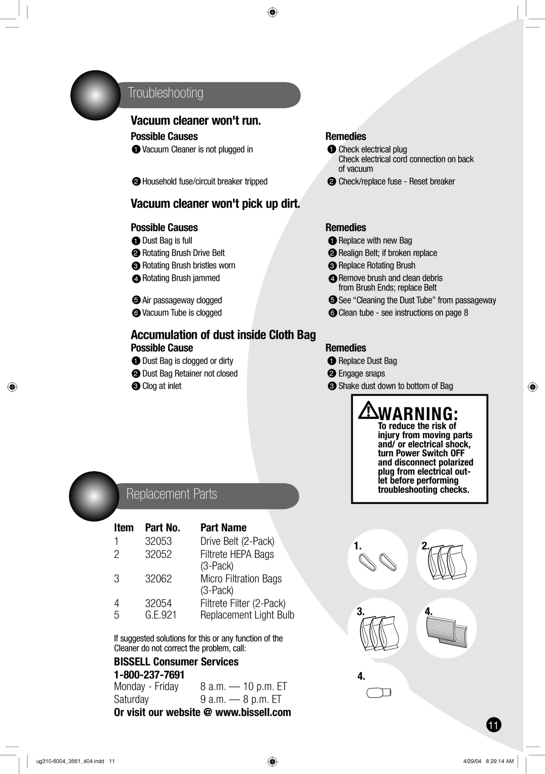 Bissell 3561 warranty Troubleshooting, Replacement Parts 