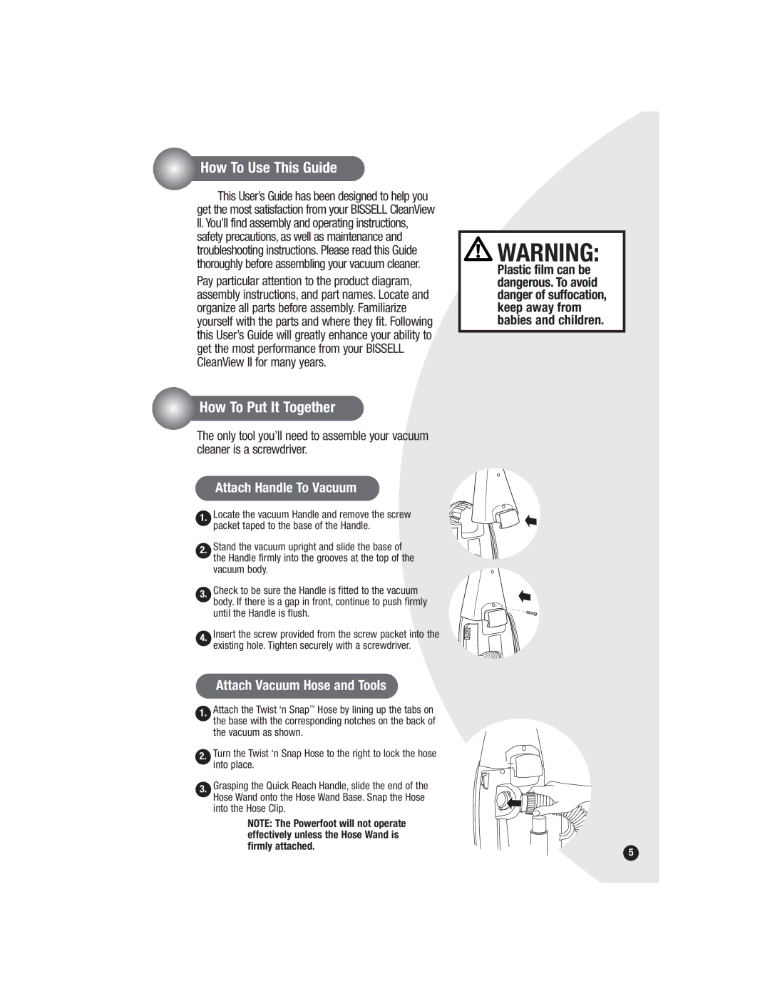 Bissell 3574, 3576 How To Use This Guide, How To Put It Together, Attach Handle To Vacuum, Attach Vacuum Hose and Tools 