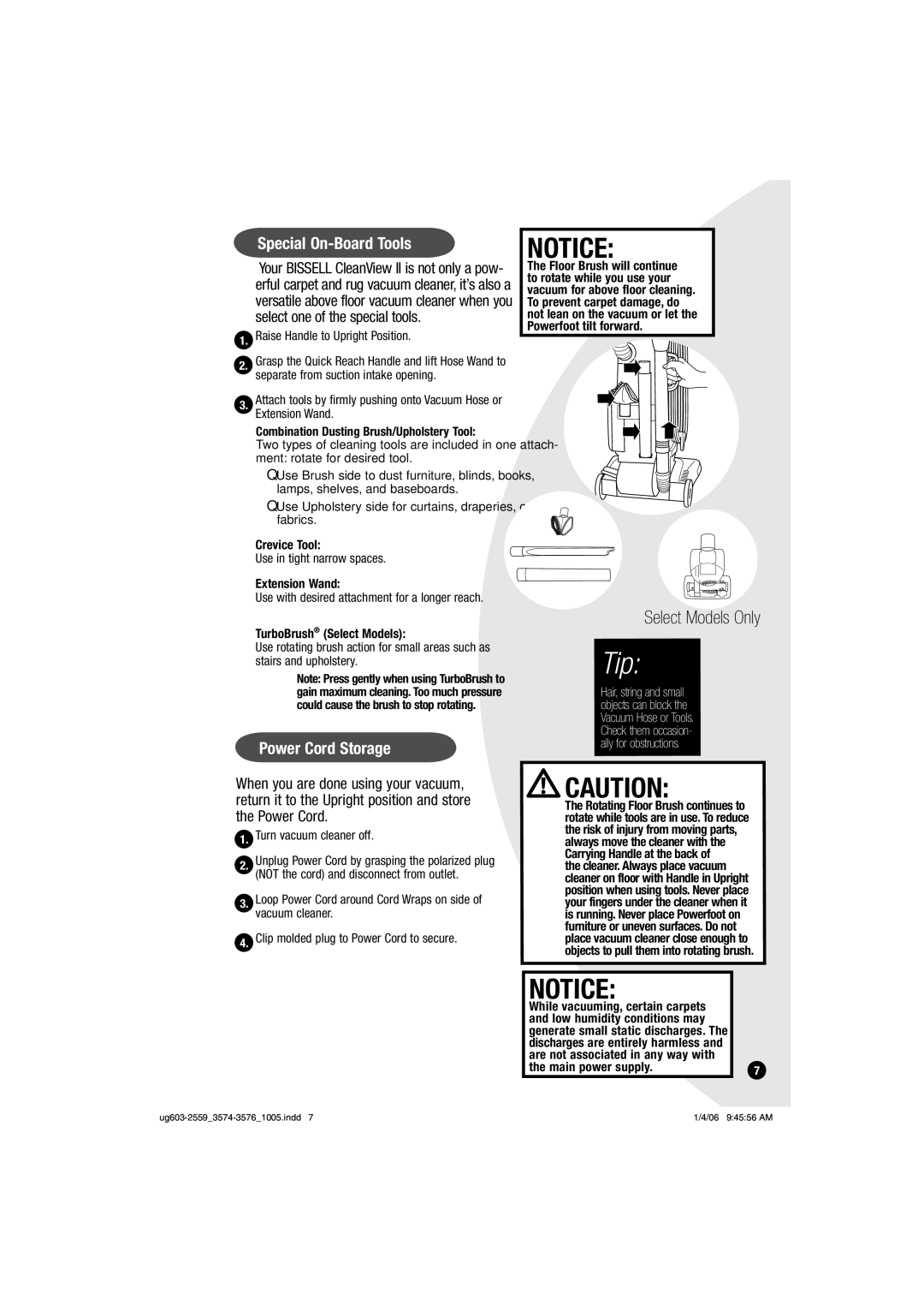 Bissell 3574, 3576 warranty Special On-Board Tools, Power Cord Storage 