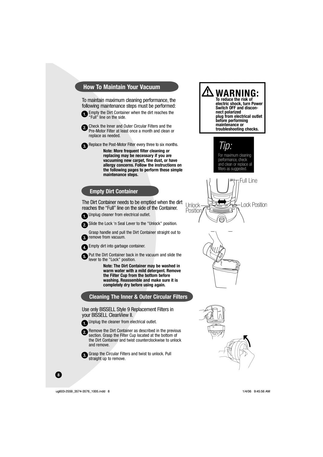 Bissell 3576 How To Maintain Your Vacuum, Full Line, Empty Dirt Container, Cleaning The Inner & Outer Circular Filters 