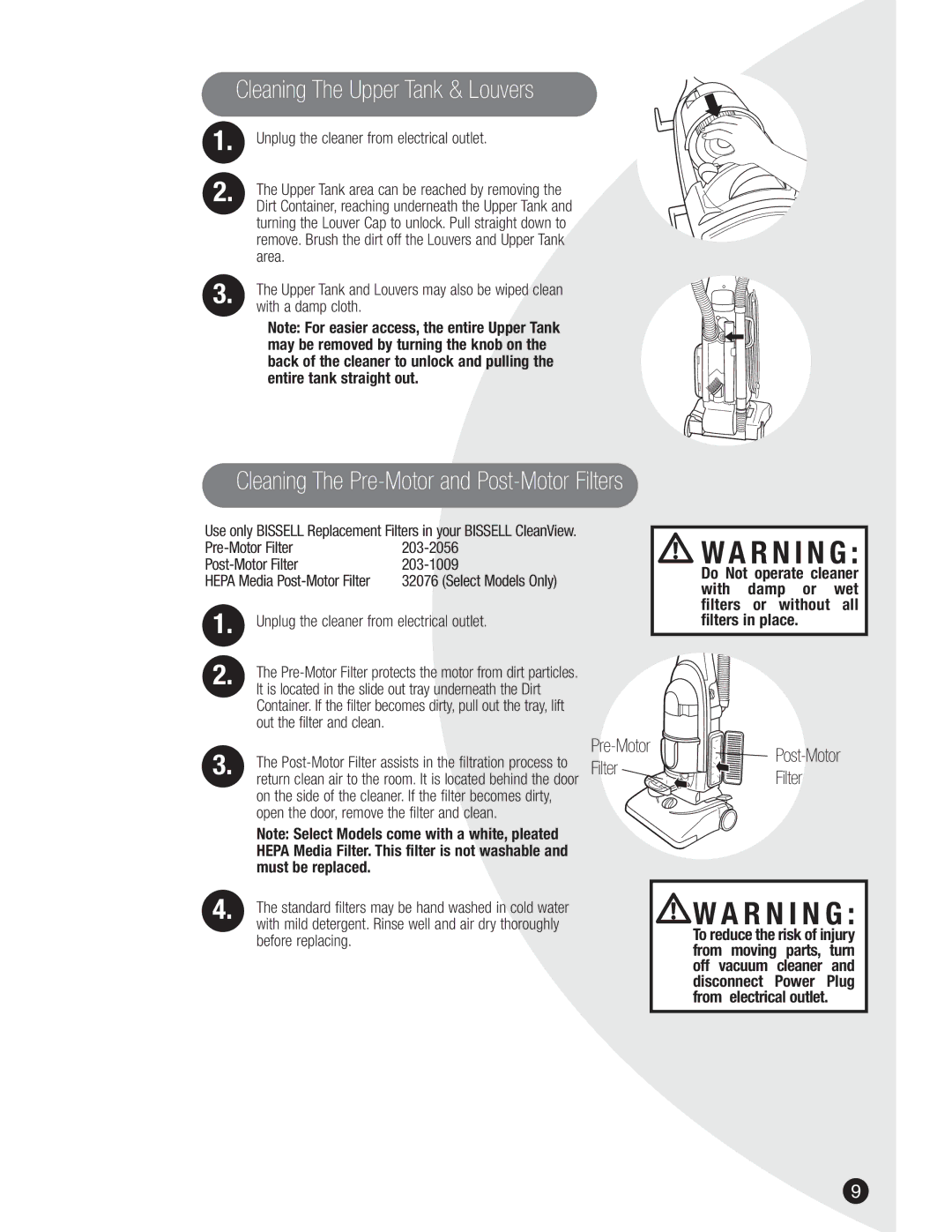 Bissell 3590, 8990, 3591 warranty Cleaning The Upper Tank & Louvers 