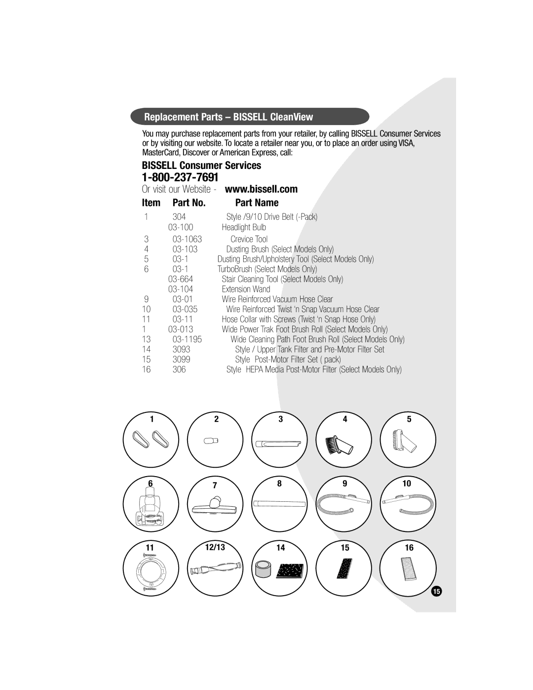 Bissell 3593 warranty Replacement Parts Bissell CleanView, Bissell Consumer Services Part Name 