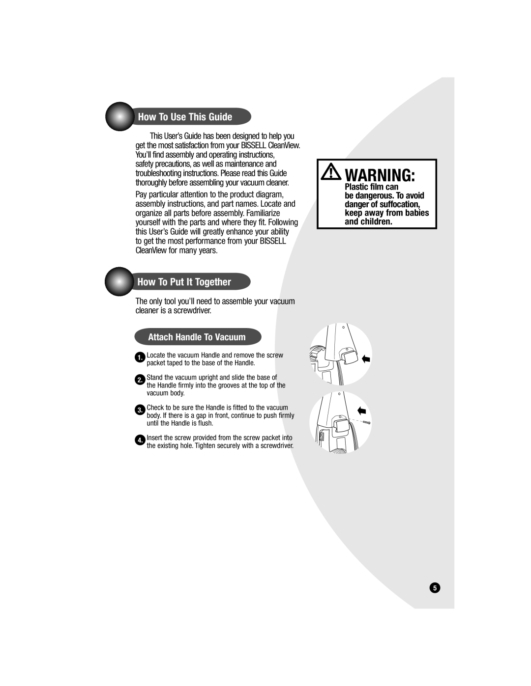 Bissell 3593 warranty How To Use This Guide, How To Put It Together, Attach Handle To Vacuum 